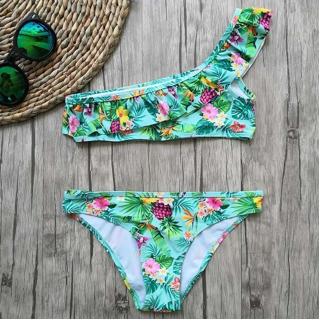 8-16 Years Girl Swimsuit Print Teenager Girl Bikini One Shoulder Swim Wear Falbala Two Piece Children Swimwear Girl Bathing Suit