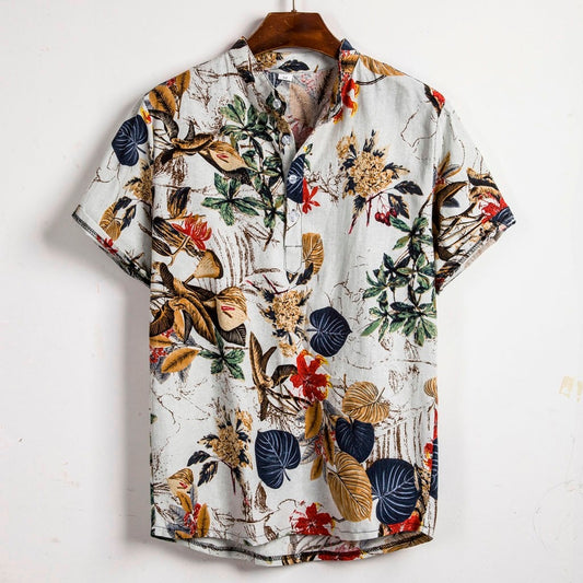 feitong Hawaiian Shirt Men Cotton Linen Ethnic Short Sleeve Casual Hawaiian Printing Cool Thin Breathable Shirt Beach Blouse Top