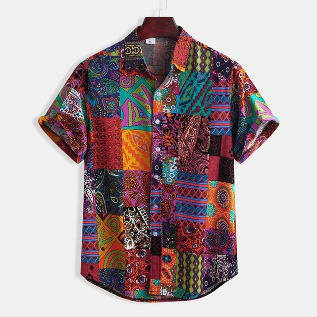 New Arrivals Slim Fit Male Shirt Mens Ethnic Printed Stand Collar Colorful Stripe Short Sleeve Loose Henley Shirt M-5XL#G30