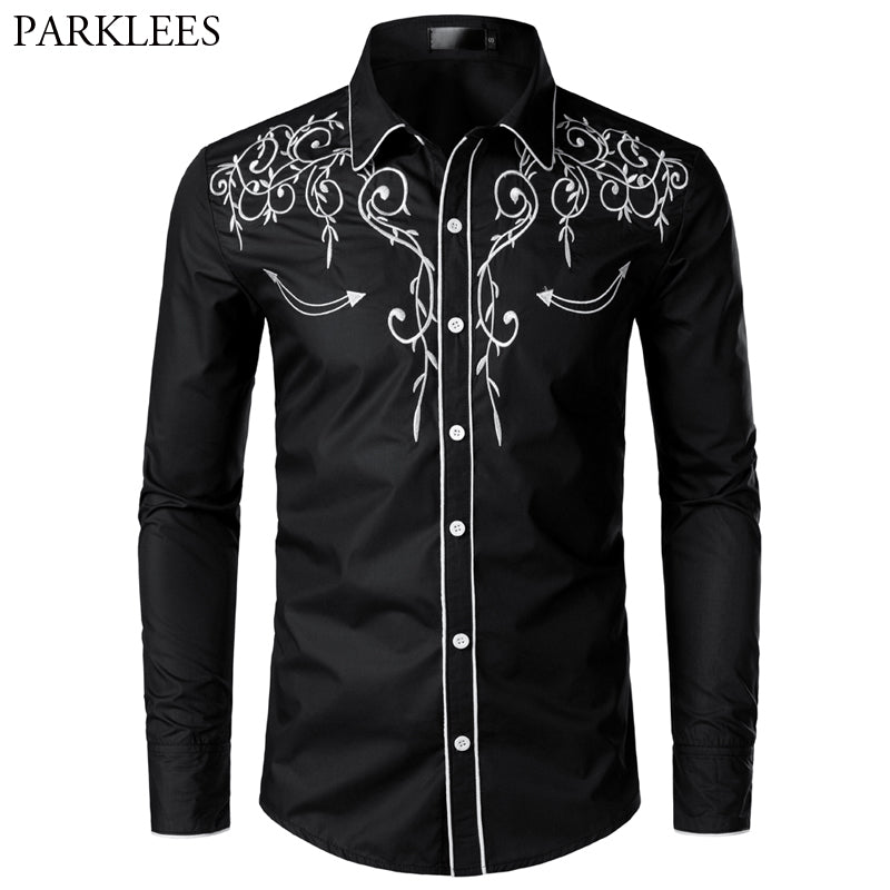 Stylish Western Cowboy Shirt Men Brand Design Embroidery Slim Fit Casual Long Sleeve Shirts Mens Wedding Party Shirt for Male