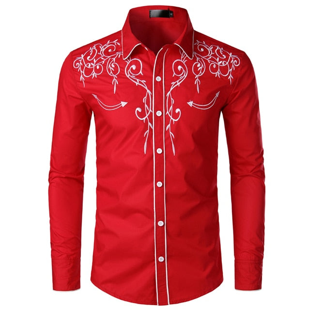 Stylish Western Cowboy Shirt Men Brand Design Embroidery Slim Fit Casual Long Sleeve Shirts Mens Wedding Party Shirt for Male