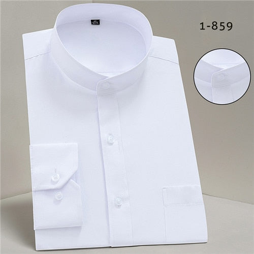 Chinease stand Collar solid plain regular fit long sleeve party bussiness formal shirts for men comfortable with chest pocket