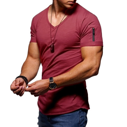 2019 fashion brand trend Slim short-sleeved T-shirt men's arm zipper T-shirt V-neck men's T-shirt cotton T-shirt large size 5XL