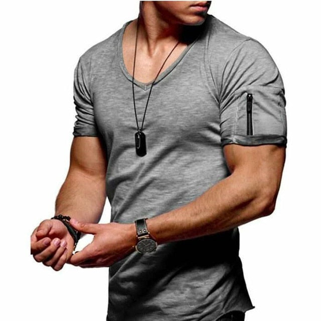 2019 fashion brand trend Slim short-sleeved T-shirt men's arm zipper T-shirt V-neck men's T-shirt cotton T-shirt large size 5XL