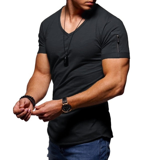 2019 fashion brand trend Slim short-sleeved T-shirt men's arm zipper T-shirt V-neck men's T-shirt cotton T-shirt large size 5XL