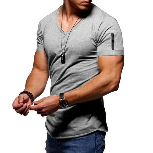 2019 fashion brand trend Slim short-sleeved T-shirt men's arm zipper T-shirt V-neck men's T-shirt cotton T-shirt large size 5XL