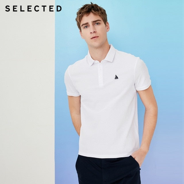 SELECTED Men Poloshirt 100% Cotton Embroidered Casual Short-sleeve Lapel Threaded Cuff Shirt S|41823Z525