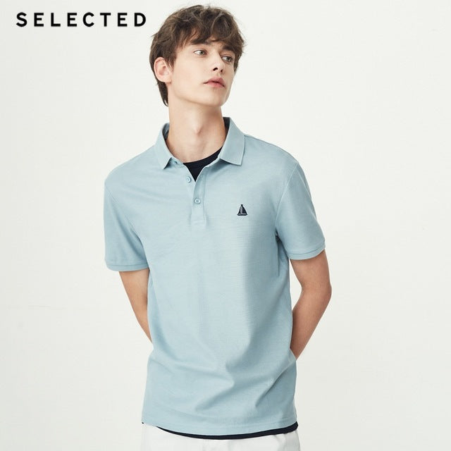 SELECTED Men Poloshirt 100% Cotton Embroidered Casual Short-sleeve Lapel Threaded Cuff Shirt S|41823Z525