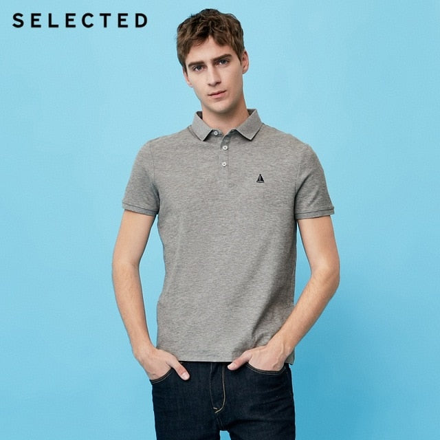 SELECTED Men Poloshirt 100% Cotton Embroidered Casual Short-sleeve Lapel Threaded Cuff Shirt S|41823Z525