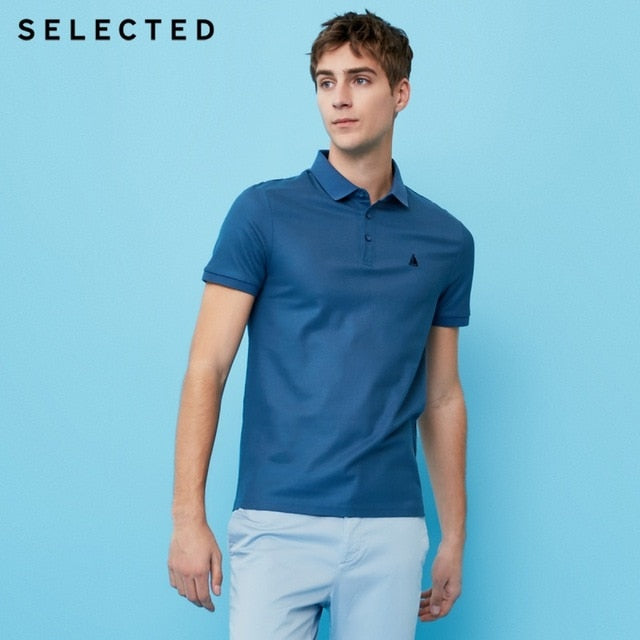 SELECTED Men Poloshirt 100% Cotton Embroidered Casual Short-sleeve Lapel Threaded Cuff Shirt S|41823Z525