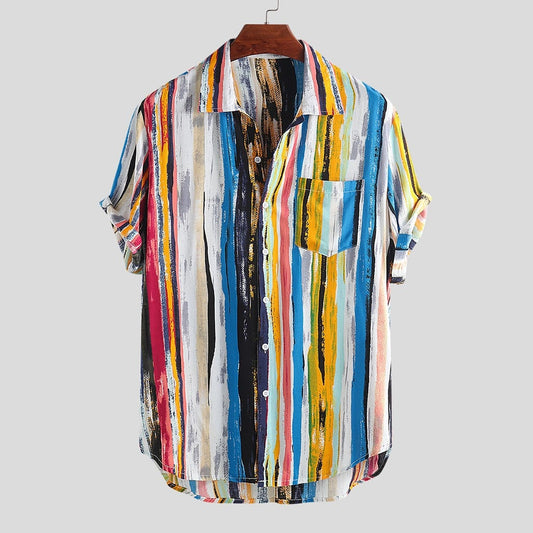 2019 New Fashion High Quality Men Luxury Stylish Mens Multi Color Lump Chest Pocket Short Sleeve Round Hem Loose Shirts Blouse