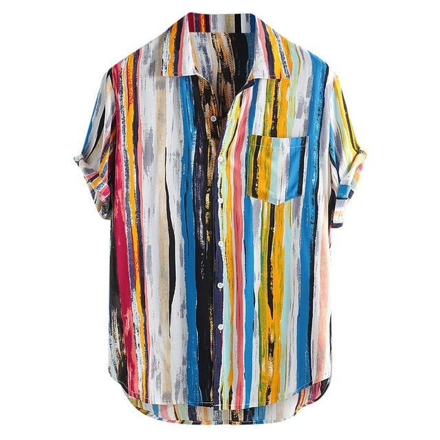 2019 New Fashion High Quality Men Luxury Stylish Mens Multi Color Lump Chest Pocket Short Sleeve Round Hem Loose Shirts Blouse