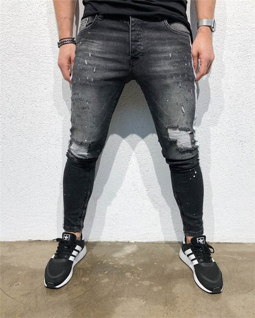 Men's Fashion Stretchy Ripped Skinny Jeans Destroyed Denim Pants 2019 Mens Casual Elastic Waist Pencil Pants