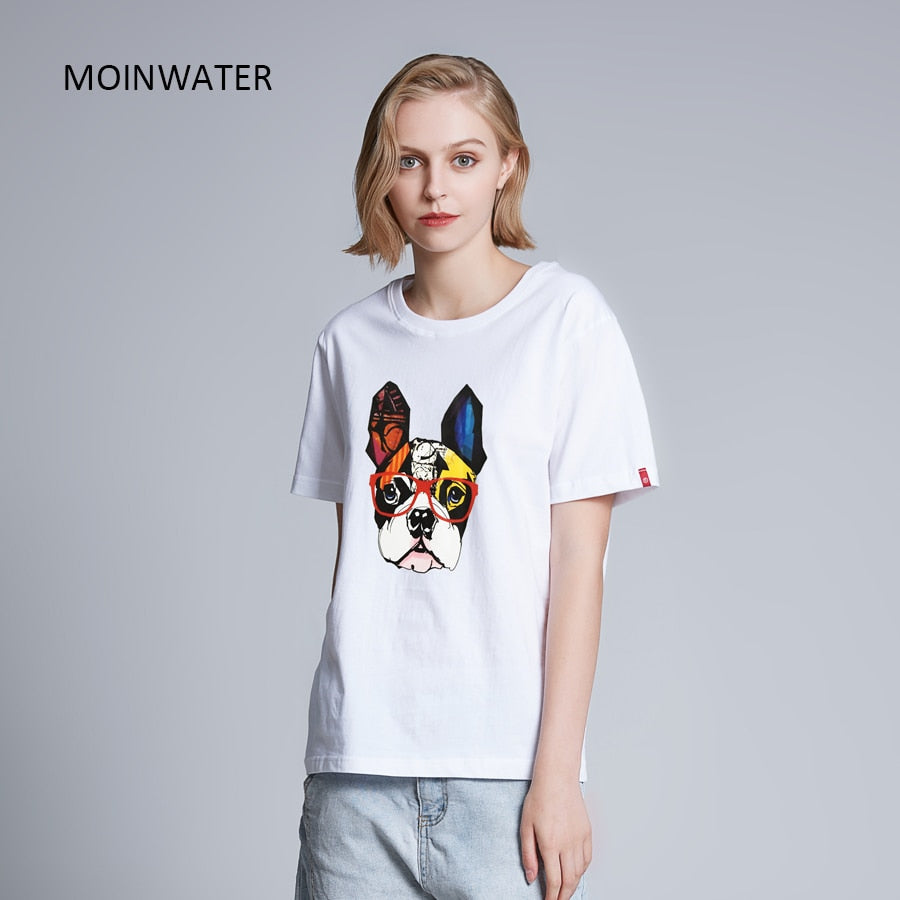 MOINWATER Women Dog Pattern T shirts Lady Fashionable Tees Summer Short Sleeve Female Cotton Tops MT1908