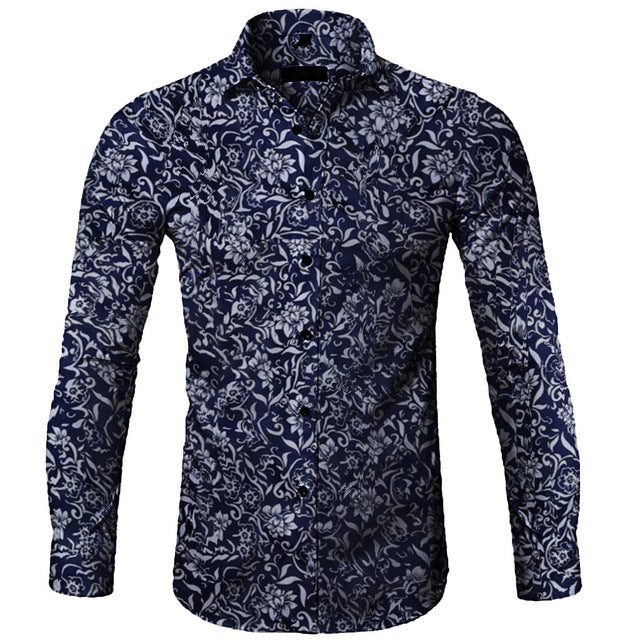 KLV Blouse SUMMER Fashion Men's Casual Printed Floral Long Sleeve Button Top Blouse Cloth Casual Collar Male Blouse 9515