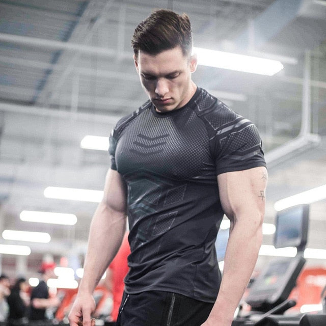 Mens Compression T-shirt Jogger Sporting Skinny Tee Shirt Male Gyms Fitness Bodybuilding Workout Black Tops Quick dry Clothing