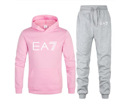 New 2019 Brand Tracksuit Fashion EA7 Men Sportswear Two Piece Sets All Cotton Fleece Thick hoodie+Pants Sporting Suit Male