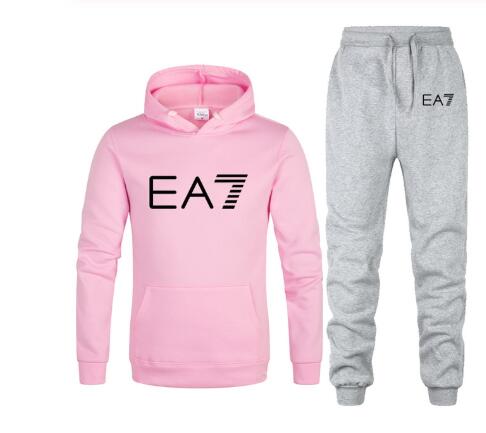 New 2019 Brand Tracksuit Fashion EA7 Men Sportswear Two Piece Sets All Cotton Fleece Thick hoodie+Pants Sporting Suit Male