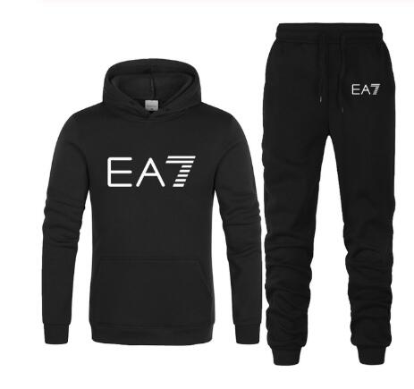 New 2019 Brand Tracksuit Fashion EA7 Men Sportswear Two Piece Sets All Cotton Fleece Thick hoodie+Pants Sporting Suit Male