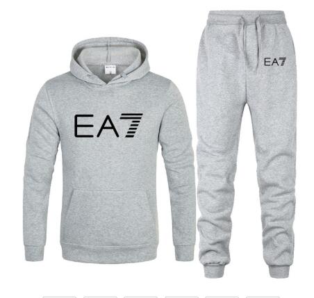 New 2019 Brand Tracksuit Fashion EA7 Men Sportswear Two Piece Sets All Cotton Fleece Thick hoodie+Pants Sporting Suit Male