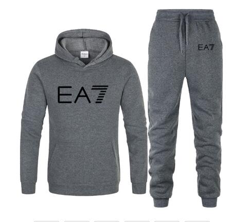 New 2019 Brand Tracksuit Fashion EA7 Men Sportswear Two Piece Sets All Cotton Fleece Thick hoodie+Pants Sporting Suit Male