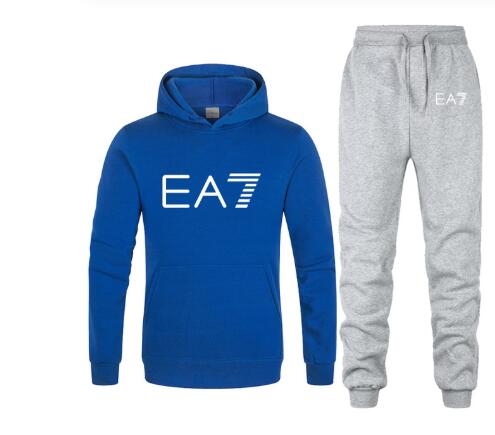 New 2019 Brand Tracksuit Fashion EA7 Men Sportswear Two Piece Sets All Cotton Fleece Thick hoodie+Pants Sporting Suit Male