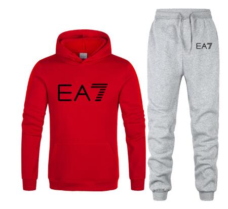 New 2019 Brand Tracksuit Fashion EA7 Men Sportswear Two Piece Sets All Cotton Fleece Thick hoodie+Pants Sporting Suit Male