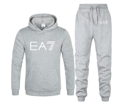 New 2019 Brand Tracksuit Fashion EA7 Men Sportswear Two Piece Sets All Cotton Fleece Thick hoodie+Pants Sporting Suit Male