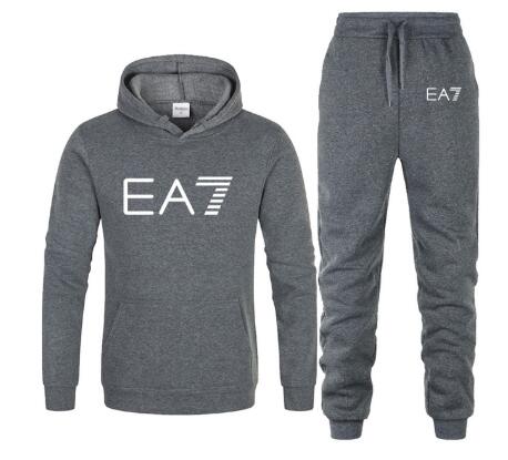 New 2019 Brand Tracksuit Fashion EA7 Men Sportswear Two Piece Sets All Cotton Fleece Thick hoodie+Pants Sporting Suit Male