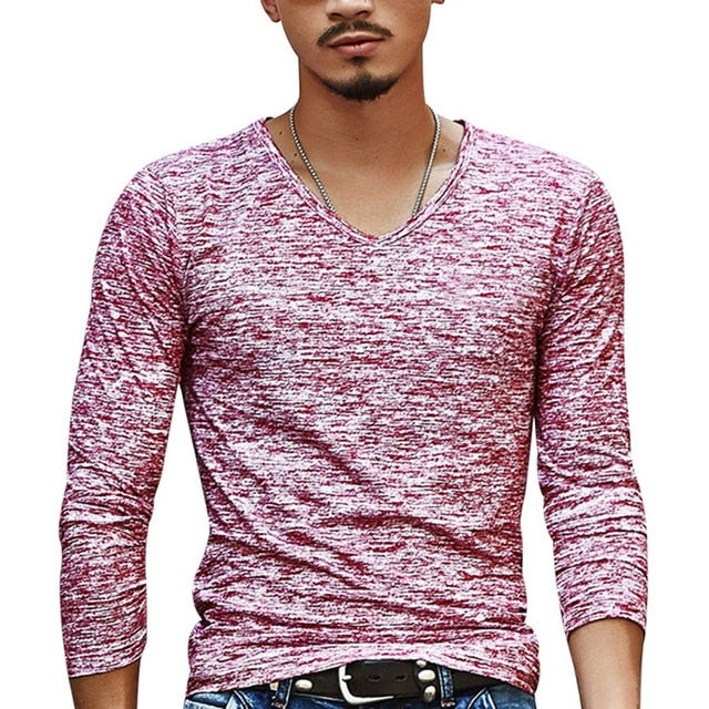 2019 Autumn Slim Streetwear  V neck T Shirt Men Casual Fitness Tops&Tees Vintage Blue Long Sleeve Pullover shirt Homme Plus Size