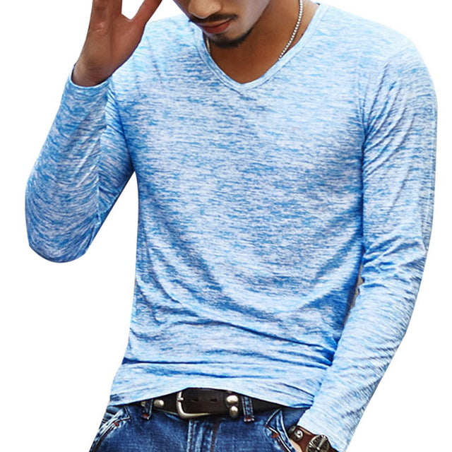 2019 Autumn Slim Streetwear  V neck T Shirt Men Casual Fitness Tops&Tees Vintage Blue Long Sleeve Pullover shirt Homme Plus Size