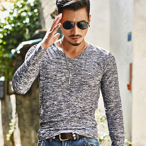 2019 Autumn Slim Streetwear  V neck T Shirt Men Casual Fitness Tops&Tees Vintage Blue Long Sleeve Pullover shirt Homme Plus Size