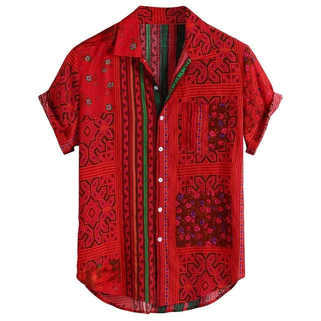 Mens Vintage Ethnic Printed Turn Down Collar Short Sleeve Loose Casual Shirts 2019 Slim Fit Male Shirt Men's Business blouse