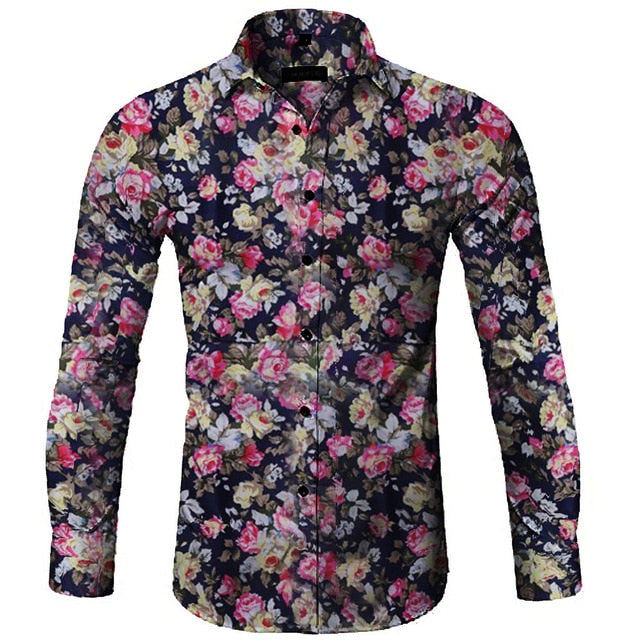 KLV Blouse SUMMER Fashion Men's Casual Printed Floral Long Sleeve Button Top Blouse Cloth Casual Collar Male Blouse 9515