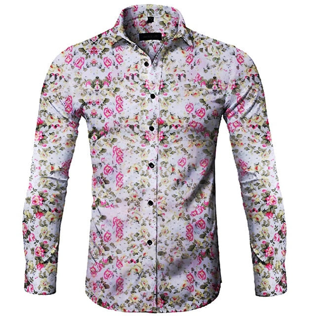 KLV Blouse SUMMER Fashion Men's Casual Printed Floral Long Sleeve Button Top Blouse Cloth Casual Collar Male Blouse 9515