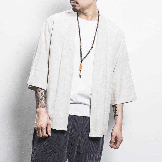 Drop Shipping Cotton Linen Shirt Jackets Men Chinese Streetwear Kimono Shirt Coat Men Linen Cardigan Jackets Coat Plus Size 5XL