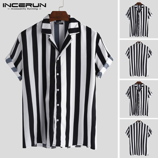 INCERUN Men's Lapel Black Short-sleeved Vertical Shirt New Men's Summer 2019 European American Fashion Street Chic Loose Shirt