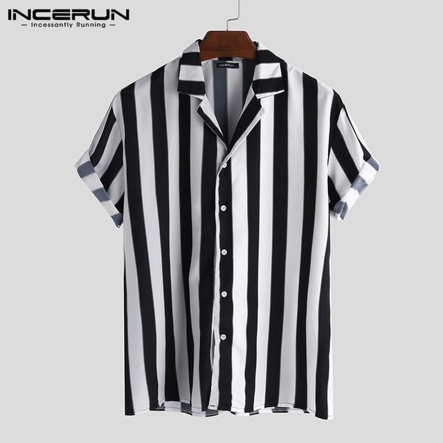 INCERUN Men's Lapel Black Short-sleeved Vertical Shirt New Men's Summer 2019 European American Fashion Street Chic Loose Shirt