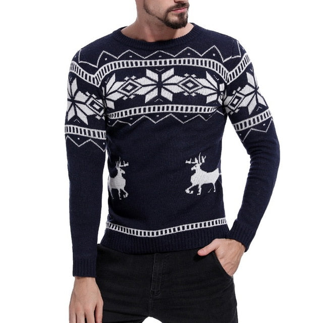 Vertvie Mens Causal  O Neck Sweater Deer Printed Autumn Winter Christmas Pullover Knitted Jumper Sweaters Slim Fit Male Clothes