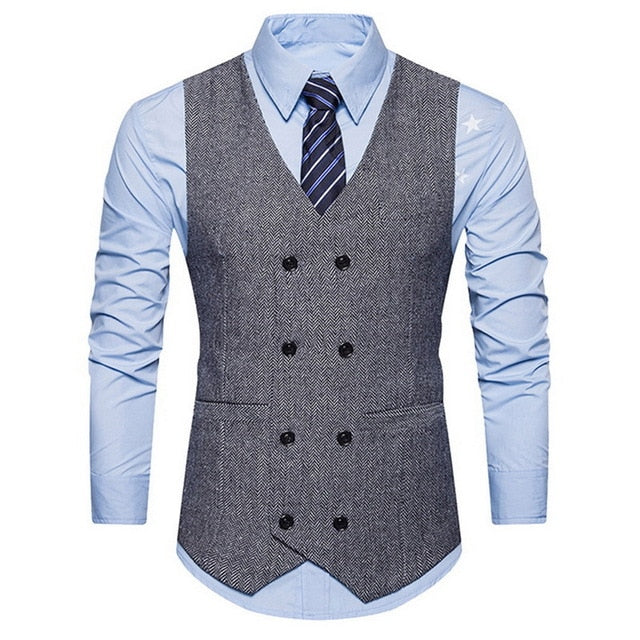 Puimentiua Men Spring Autumn Men's Fashion Vintage Double-breasted Suit Vest New Sleeveless Business Party Slim Fit Waistcoat