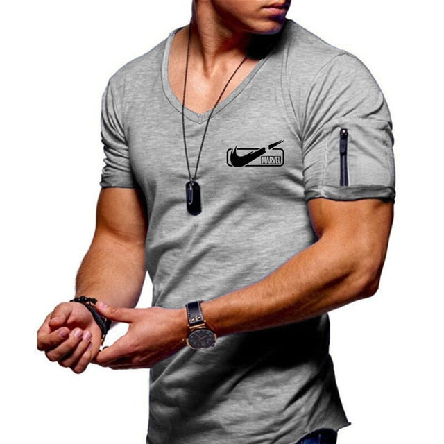 2019 new men's V-neck T-shirt fitness bodybuilding T-shirt high street summer short-sleeved zipper casual cotton top