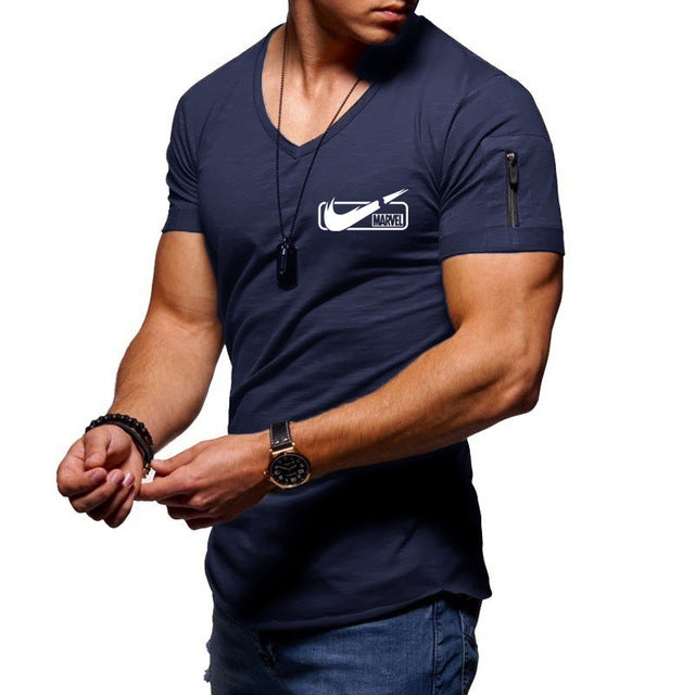 2019 new men's V-neck T-shirt fitness bodybuilding T-shirt high street summer short-sleeved zipper casual cotton top