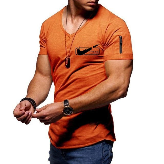 2019 new men's V-neck T-shirt fitness bodybuilding T-shirt high street summer short-sleeved zipper casual cotton top