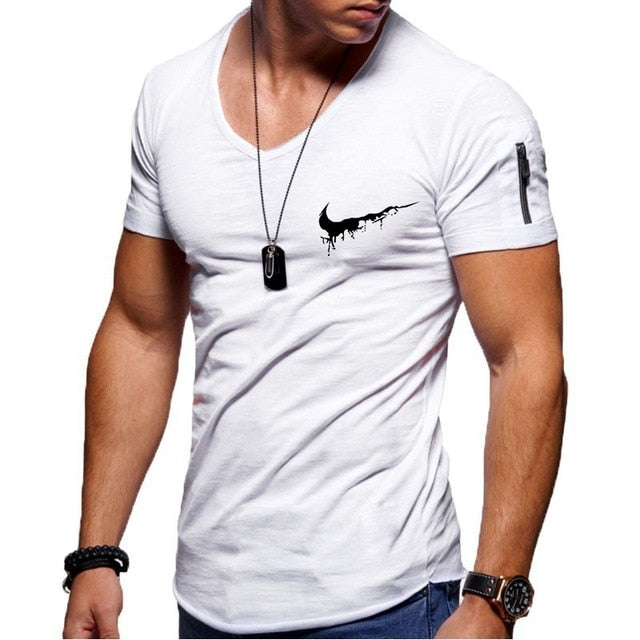 2019 new men's V-neck T-shirt fitness bodybuilding T-shirt high street summer short-sleeved zipper casual cotton top