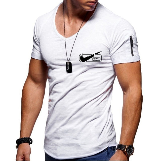 2019 new men's V-neck T-shirt fitness bodybuilding T-shirt high street summer short-sleeved zipper casual cotton top