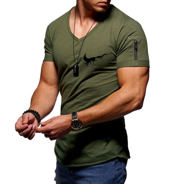 2019 new men's V-neck T-shirt fitness bodybuilding T-shirt high street summer short-sleeved zipper casual cotton top