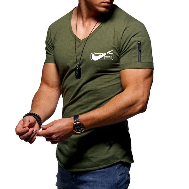 2019 new men's V-neck T-shirt fitness bodybuilding T-shirt high street summer short-sleeved zipper casual cotton top