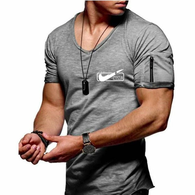 2019 new men's V-neck T-shirt fitness bodybuilding T-shirt high street summer short-sleeved zipper casual cotton top