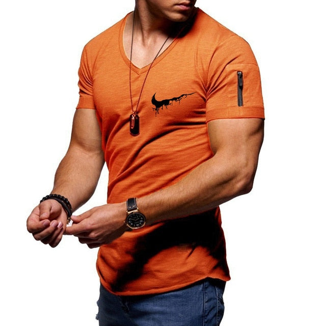 2019 new men's V-neck T-shirt fitness bodybuilding T-shirt high street summer short-sleeved zipper casual cotton top