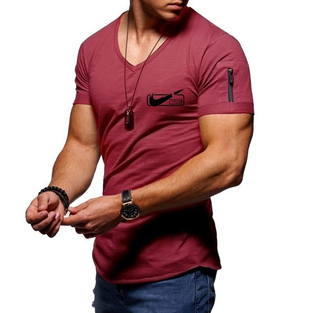 2019 new men's V-neck T-shirt fitness bodybuilding T-shirt high street summer short-sleeved zipper casual cotton top